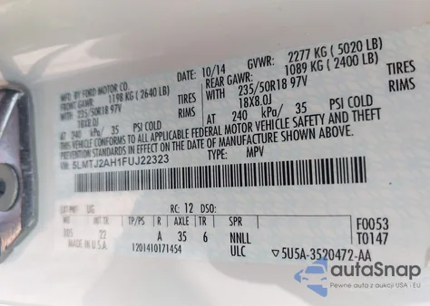 2015 Lincoln Mkc z USA, uszkodzony, nr VIN 5LMTJ2AH1FUJ22323